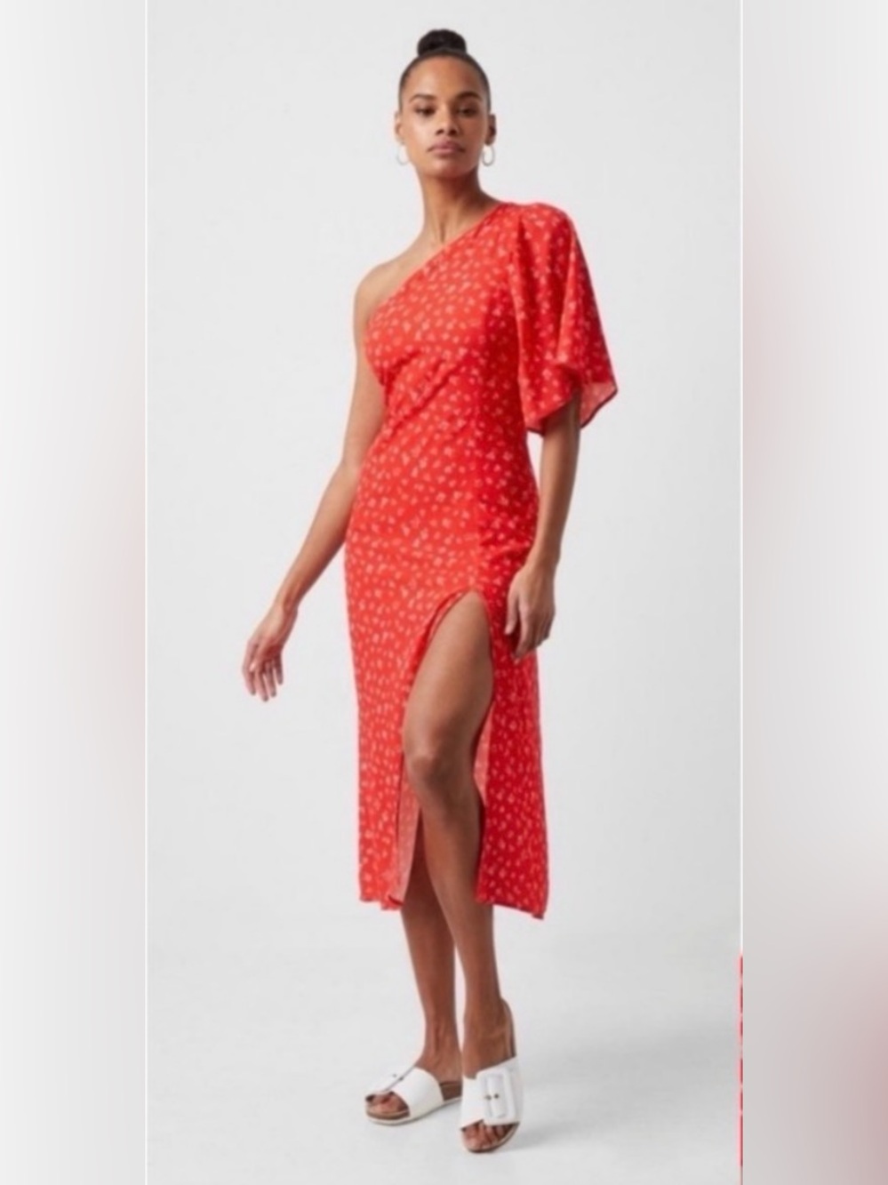 French Connection Fayola One Shoulder Red Floral Midi Dress, size 12